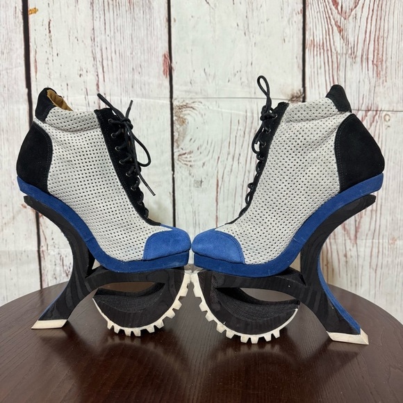 JEFFREY CAMPBELL Blue Suede Mesh high top sneakers wood & rubber platforms 6.5 - Picture 6 of 17